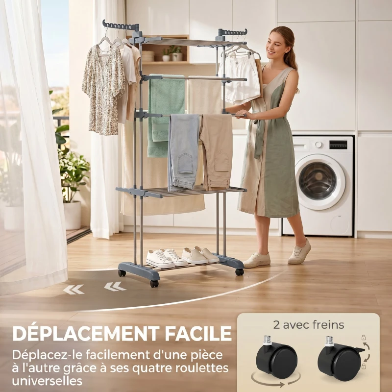 HOMCOM Séchoir à linge pliable 4 niveaux avec roulettes, étendoir linge intérieur avec ailes latérales, cadre en acier, gris