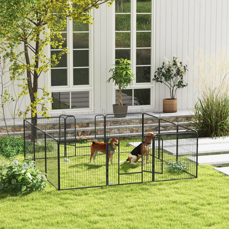 PawHut Țarc pentru câini, 12 panouri modulabile 80x1.5x80 cm, pliabil cu ușă din oțel, 12 țăruși, gri