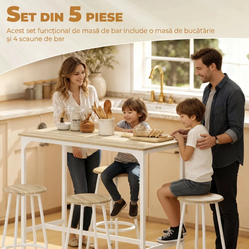 HOMCOM Set de Dining 5 Piese cu Bar 110 x 50 x 89,5 cm și Scaune Ø30 x 60,5 cm din Lemn și Metal Nuanță Lemn și Alb