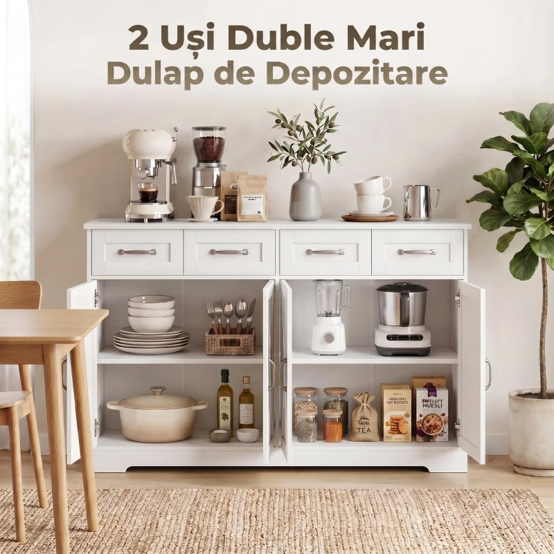 HOMCOM Dulap de Bucătărie, Mobilier de Bucătărie cu 4 Sertare, 4 Uși și 2 Rafturi Reglabile, Alb