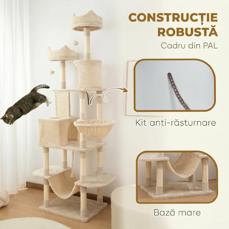 PawHut Ansamblu de Zgâriat pentru Pisici, 206 cm, cu Stâlpi din Sisal, Peșteri și Hamace, Bej