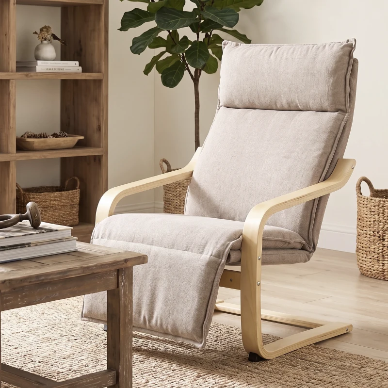 HOMCOM Fauteuil de salon tapissé aspect lin avec repose-pieds et doux balancement Dossier haut Assise large Marron clair