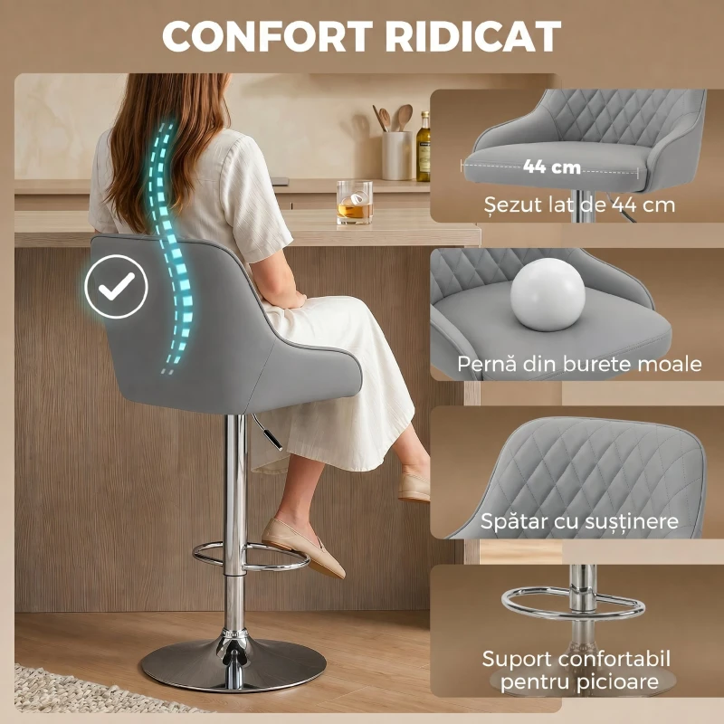 HOMCOM Set de 2 Scaune de Bar Rotative Reglabile pentru Bucătărie, Gri Deschis