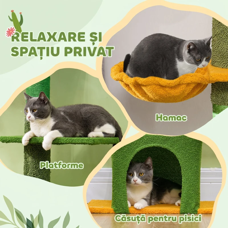 PawHut Ansamblu de Zgâriat pentru Pisici cu Fixare în Tavan, 230-275 cm, Hamac, Căsuță, Stâlpi din Sisal, Verde