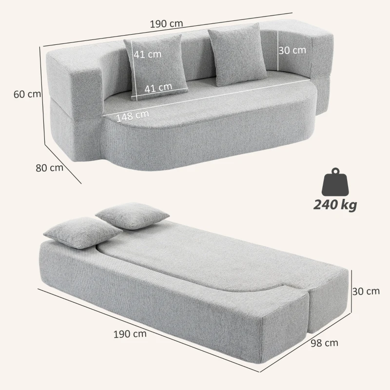 HOMCOM Canapea Extensibilă 2 în 1, 2 Locuri, cu 2 Perne Detașabile, Brațe Laterale, Șezut Tapițat, Chenille, Gri Deschis