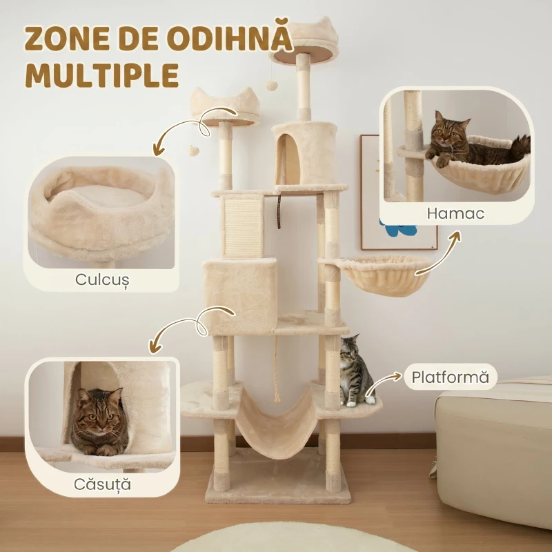 PawHut Ansamblu de Zgâriat pentru Pisici, 206 cm, cu Stâlpi din Sisal, Peșteri și Hamace, Bej