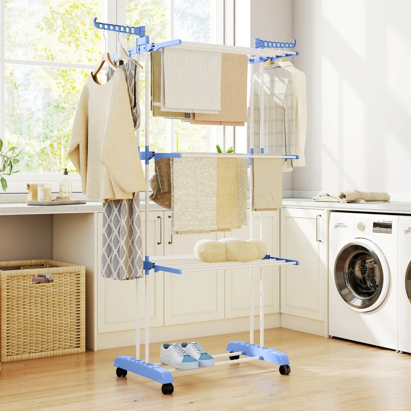 HOMCOM Séchoir étendoir à linge sur roulette pliable ailes latérales intérieure et extérieure 73 x 64 x 177 cm bleu argent