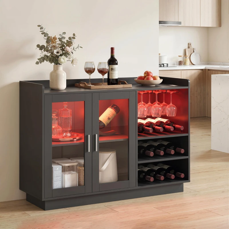 HOMCOM Bar mobil cu suport pentru sticle, lumină LED și raft reglabil, din lemn și sticlă, 120x38x88 cm, negru