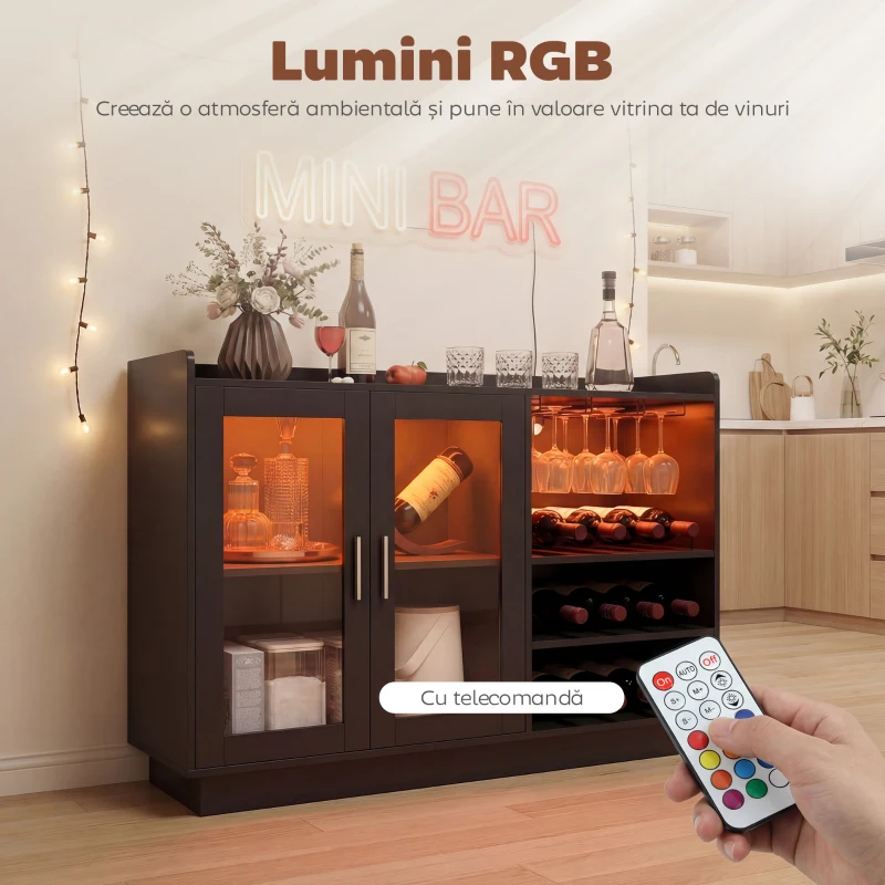 HOMCOM Bar mobil cu suport pentru sticle, lumină LED și raft reglabil, din lemn și sticlă, 120x38x88 cm, negru