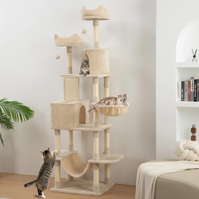 PawHut Ansamblu de Zgâriat pentru Pisici, 206 cm, cu Stâlpi din Sisal, Peșteri și Hamace, Bej