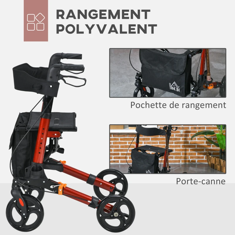HOMCOM Déambulateur 4 Roues Pliable en Aluminium, Hauteur Réglable 6 Positions, Freins Doubles, Rangement, 64x67x92cm, Rouge