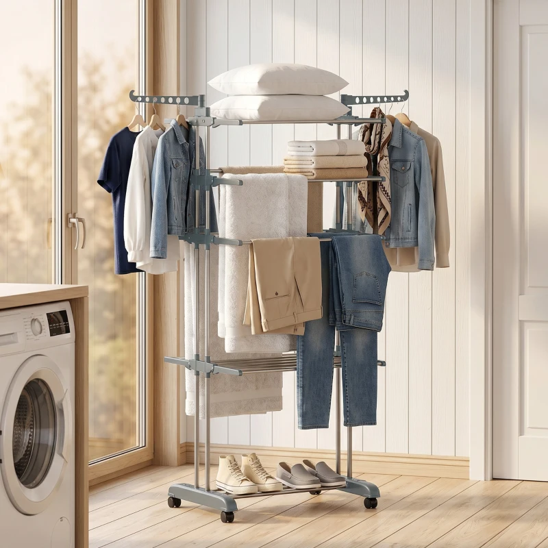HOMCOM Séchoir à linge pliable 4 niveaux avec roulettes, étendoir linge intérieur avec ailes latérales, cadre en acier, gris
