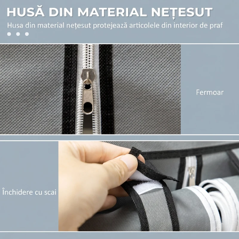 HOMCOM Dulap Economisire Spațiu cu Bază Înalțată, 8 Rafturi și 2 Bare, din Material Netesut și Oțel, Gri Deschis