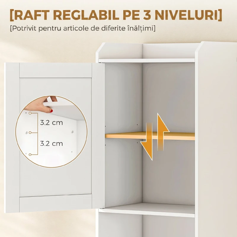 HOMCOM Coloană Baie cu Coș Rabatabil, Dulap Îngust cu Rafturi, Alb