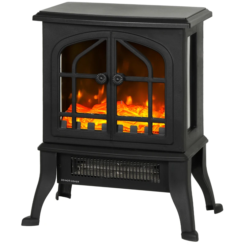 HOMCOM Șemineu Electric de Podea, Flacără 3D, Termostat 10-35°C, Plastic, Sticlă, 39x24x48 cm, Negru