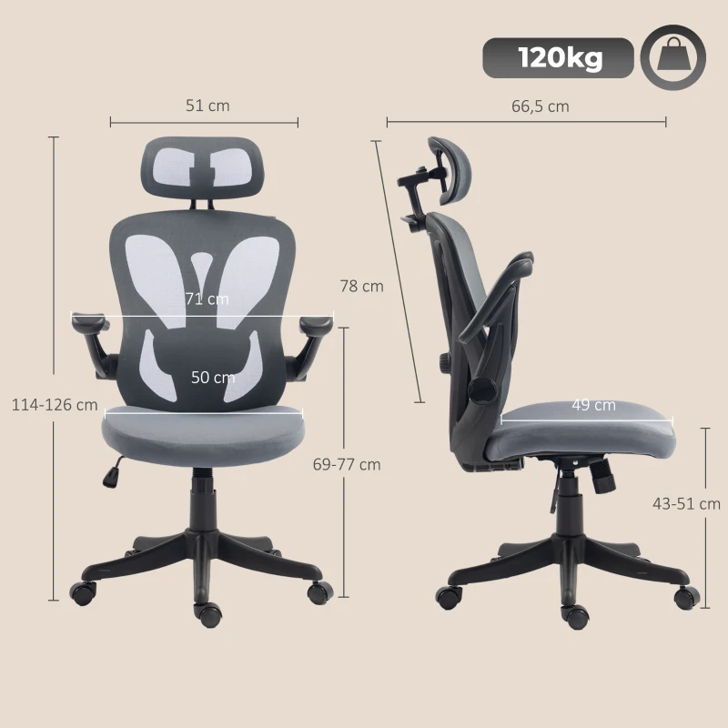 HOMCOM Silla de Oficina Ergonómica, Reposabrazos Abatibles 3D, Reposacabezas 2D, Perchero, en Malla, Gris Oscuro