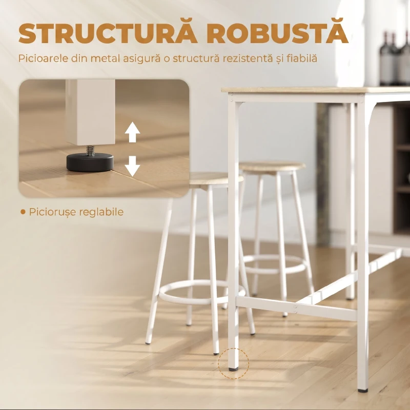 HOMCOM Set de Dining 5 Piese cu Bar 110 x 50 x 89,5 cm și Scaune Ø30 x 60,5 cm din Lemn și Metal Nuanță Lemn și Alb