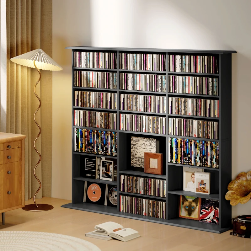 HOMCOM Móvel Porta-CD de 8 Níveis com 18 Prateleiras Reguláveis 1032 CD/594 DVD/Blu-ray Salva-espaço com 24 Compartimentos 145x24x126,3 cm Preto