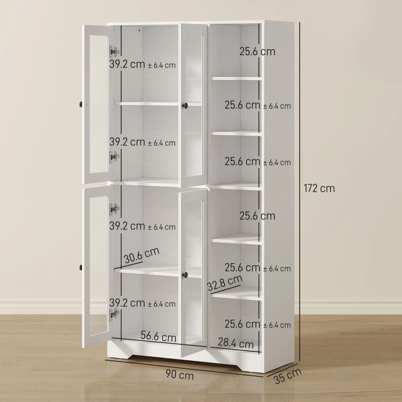 HOMCOM Bufet Bucătărie Înalt, Dulap Dispensa cu 4 Uși din Sticlă Soft-Close, 6 Rafturi Deschise, Rafturi Reglabile, Alb