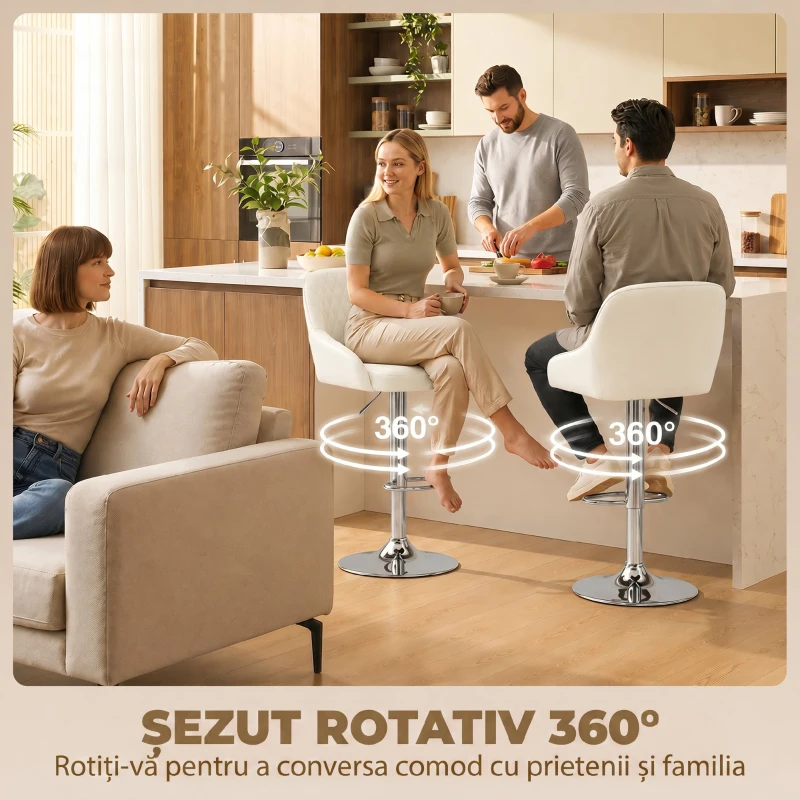 HOMCOM Set 2 Scaune de Bar Rotative și Reglabile pentru Bucătărie, Metal, Alb