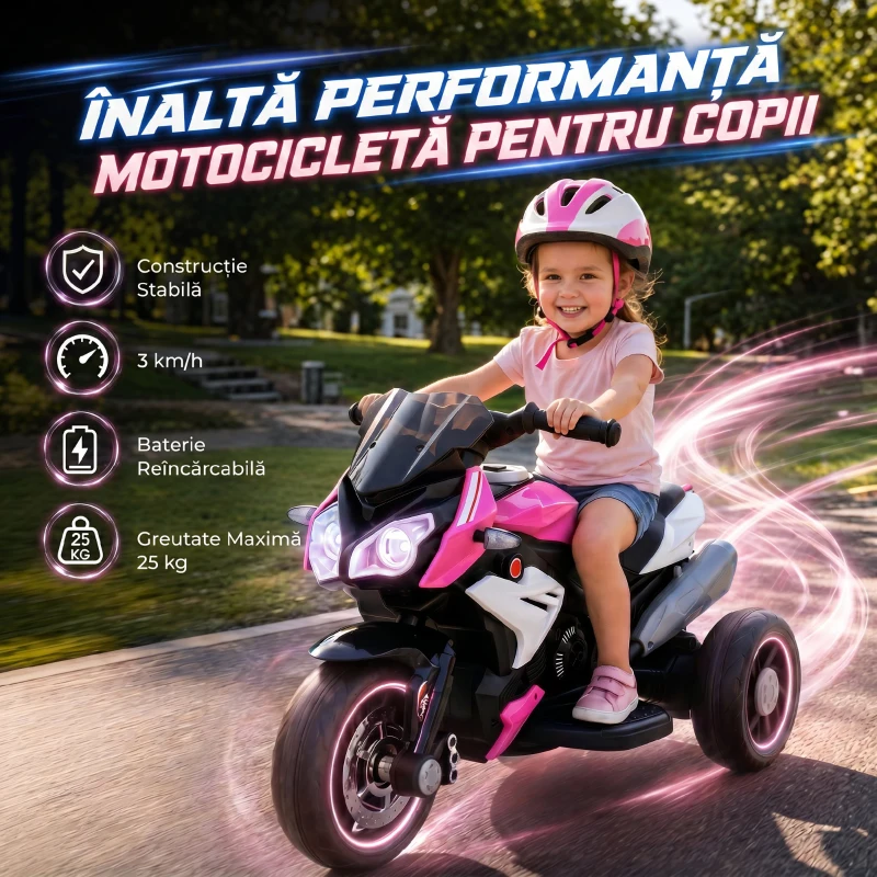 HOMCOM Motocicletă Electrică, 6 V, cu 3 Roți, pentru Copii de 3-5 Ani, Roz