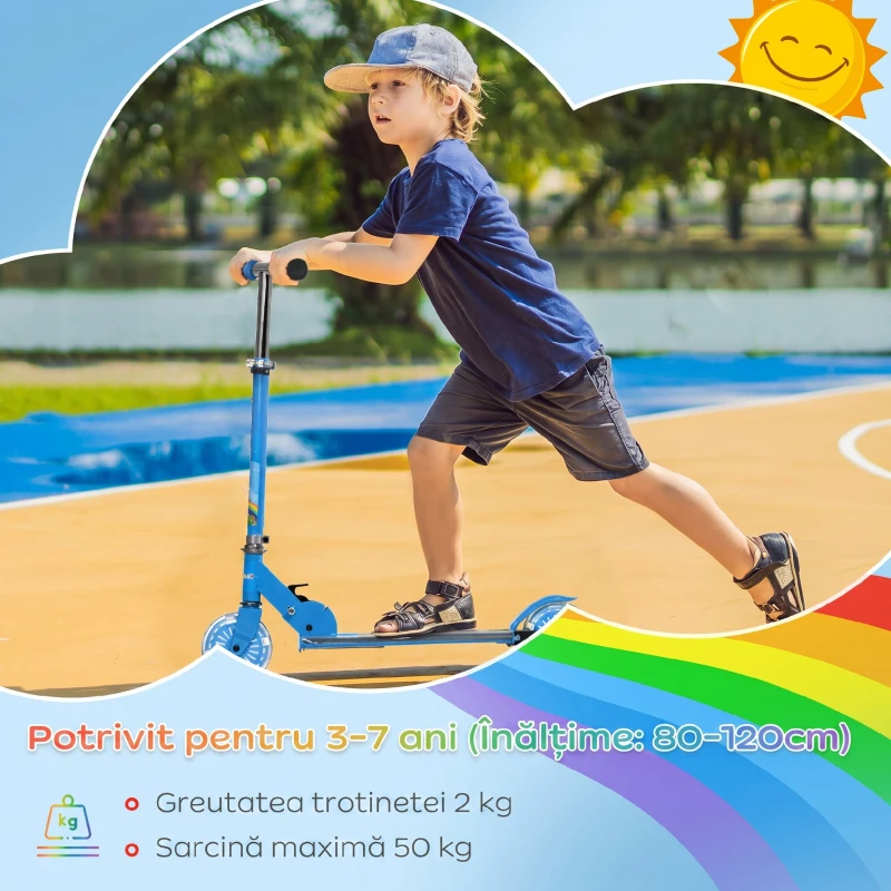 HOMCOM Trotinetă pentru copii 3-7 ani, pliabilă, cu 2 roți, înălțime reglabilă, 67x32x65-78 cm, albastră