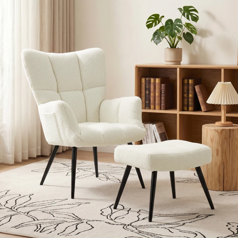HOMCOM Fauteuil de Salon avec Repose-Pied, Fauteuil d'Appoint Capitonné en Peluche Teddy, Dossier Haut, Poches Latérales, Beige