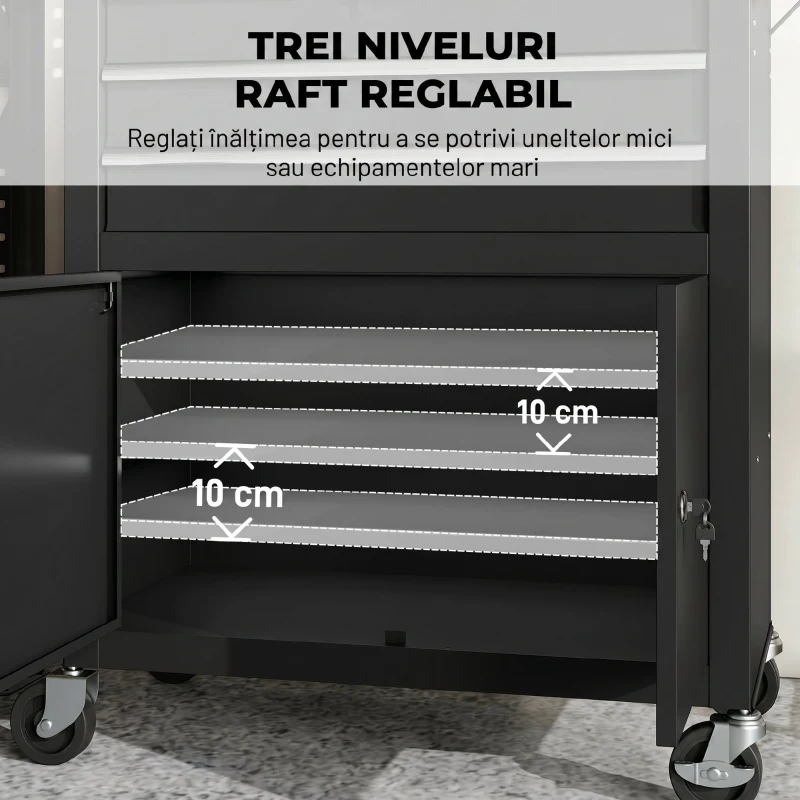 HOMCOM Cărucior de Scule din Oțel cu Blat de Lucru, 3 Sertare, Dulap, Panouri Perforate, Roți, Negru