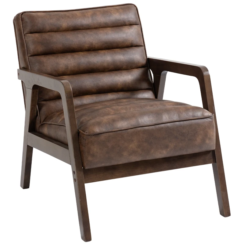 HOMCOM Fauteuil salon, fauteuil d'appoint rembourré en PU avec large assise, coussin épais et structure en bois massif, marron