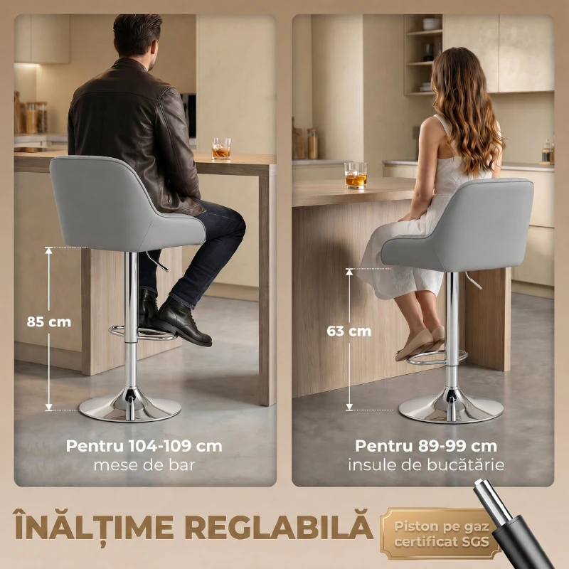 HOMCOM Set de 2 Scaune de Bar Rotative Reglabile pentru Bucătărie, Gri Deschis