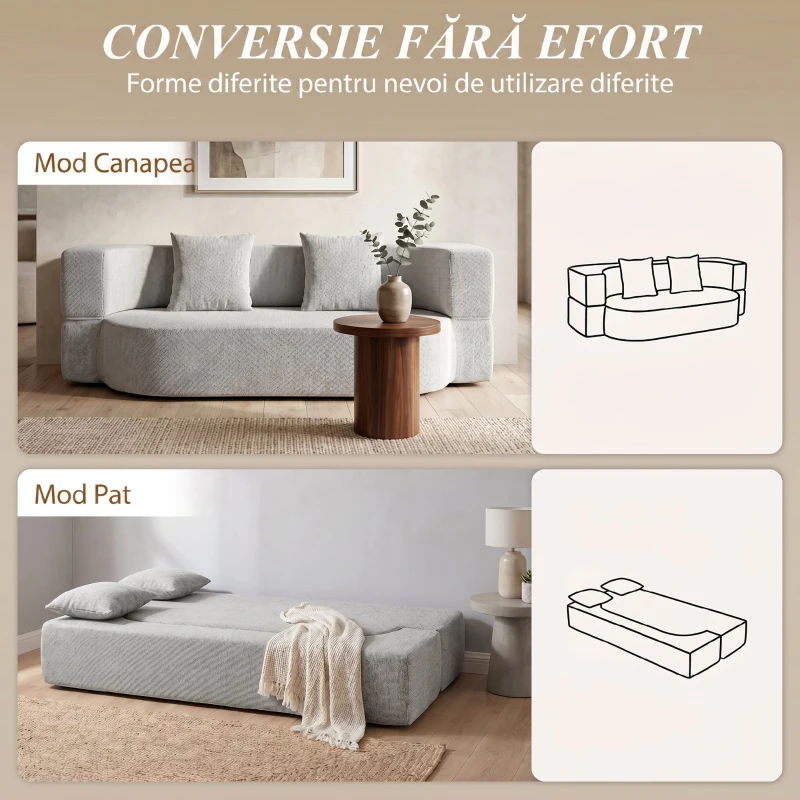 HOMCOM Canapea Extensibilă 2 în 1, 2 Locuri, cu 2 Perne Detașabile, Brațe Laterale, Șezut Tapițat, Chenille, Gri Deschis
