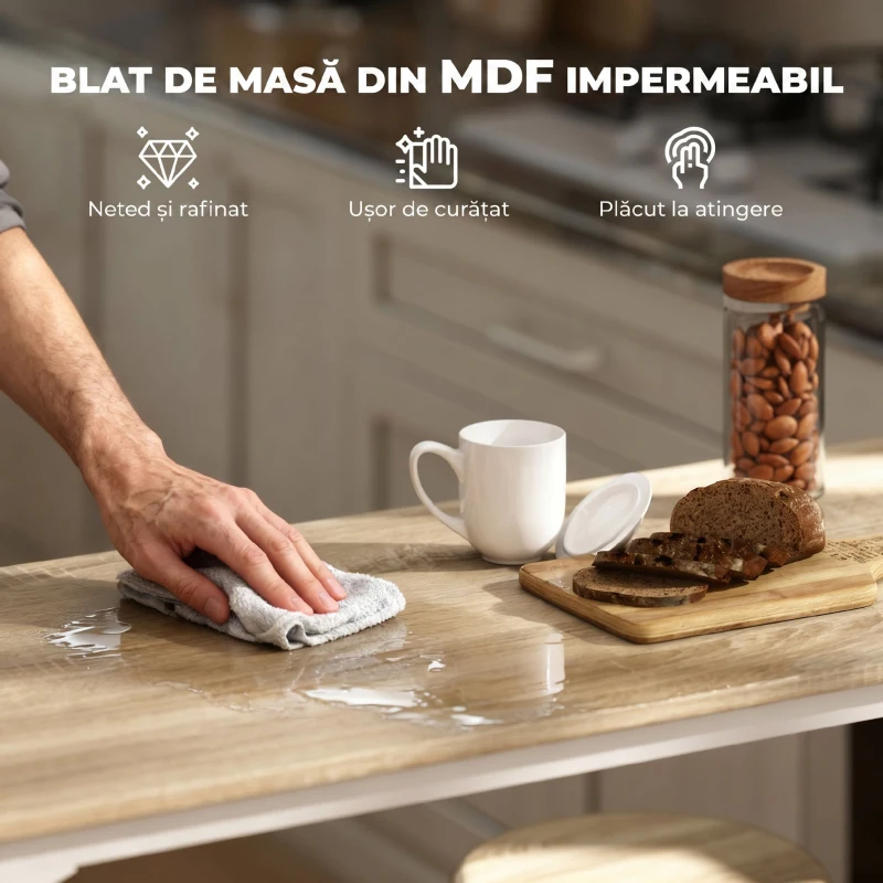 HOMCOM Set de Dining 5 Piese cu Bar 110 x 50 x 89,5 cm și Scaune Ø30 x 60,5 cm din Lemn și Metal Nuanță Lemn și Alb