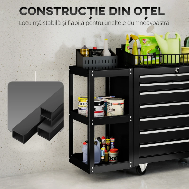HOMCOM Cărucior pentru Unelte din Oțel cu 7 Sertare, Poliță Laterală Detașabilă, Roți, Capacitate 120kg, Negru
