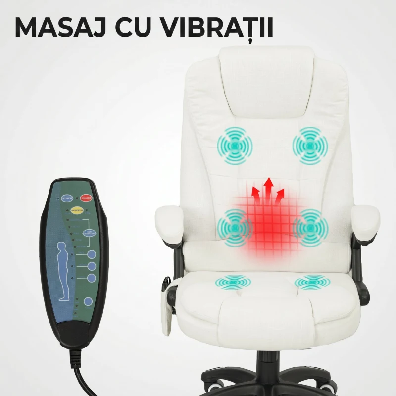 Vinsetto Scaun de Birou Reclinabil cu Masaj, Înălțime Reglabilă, Telecomandă, Textil cu Aspect de In, Crem
