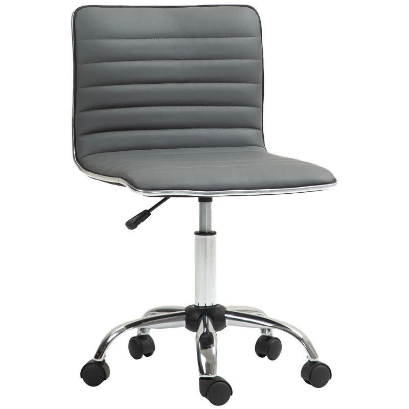 HOMCOM Armless Task Desk Chair, Swivel Office Chair with Faux Leather, Adjustable Seat Height, Chrome Base, Wheels for Home, Dark Grey