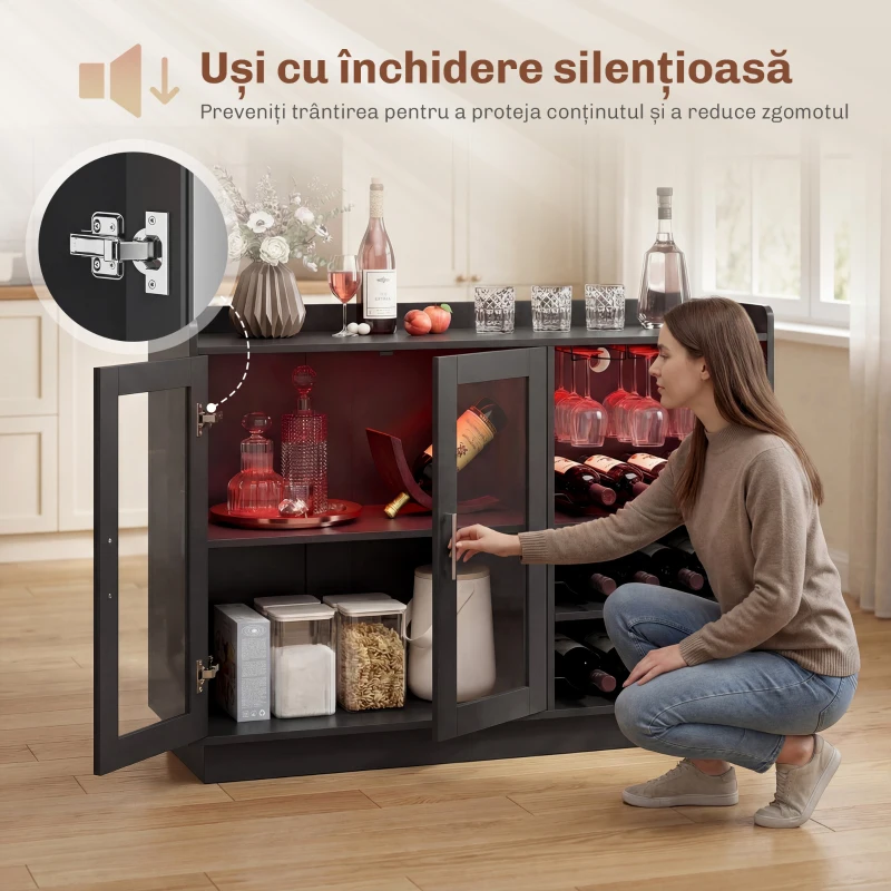 HOMCOM Bar mobil cu suport pentru sticle, lumină LED și raft reglabil, din lemn și sticlă, 120x38x88 cm, negru