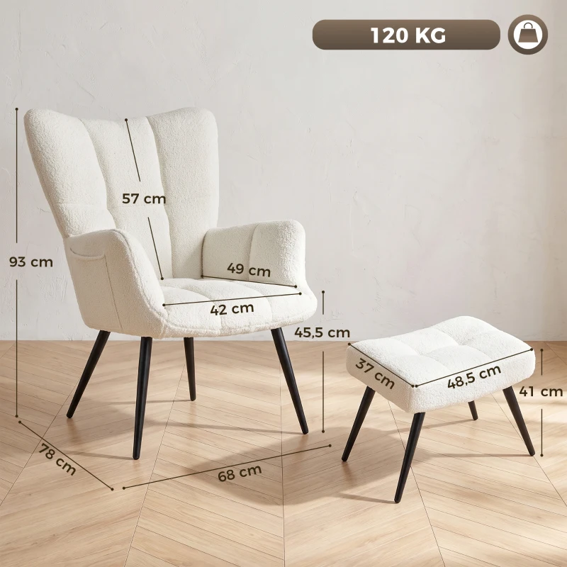 HOMCOM Fauteuil de Salon avec Repose-Pied, Fauteuil d'Appoint Capitonné en Peluche Teddy, Dossier Haut, Poches Latérales, Beige