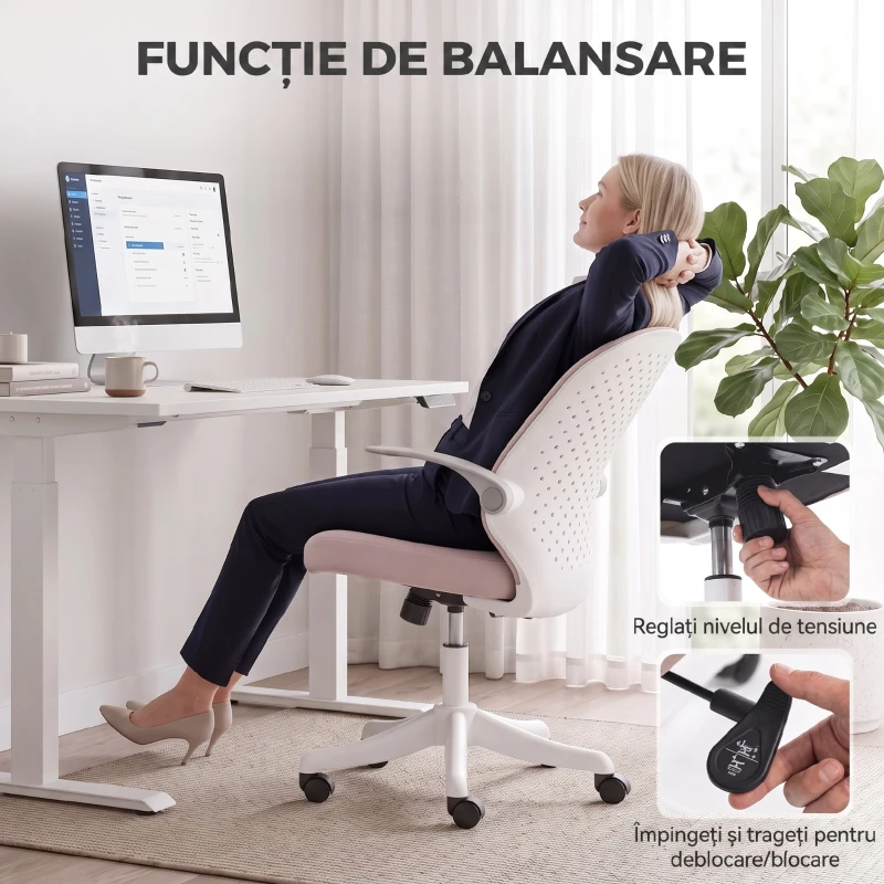 HOMCOM Scaun de Birou Ergonomic cu Brațe Rabatabile și Înălțime Reglabilă, Mesh Respirabil,  60,5x54x99 cm, Roz