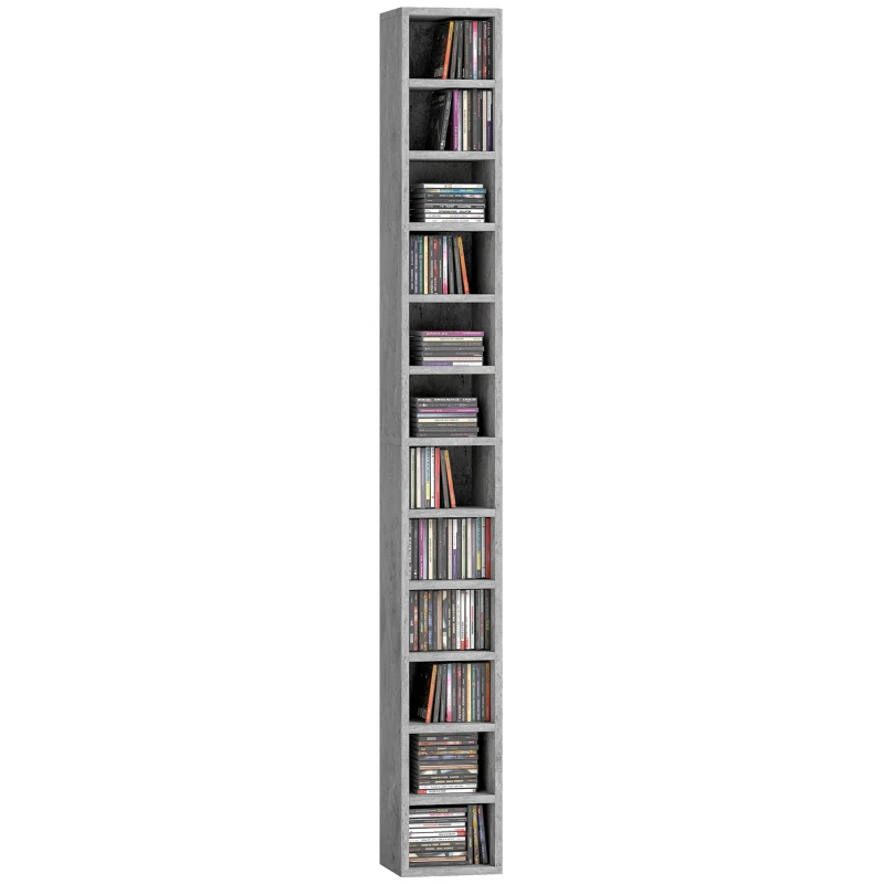HOMCOM Raft Bibliotecă Pentru CD-uri cu 12 Polițe pentru 204 CD-uri, din MDF și PAL, 21 x 20 x 175 cm, Gri