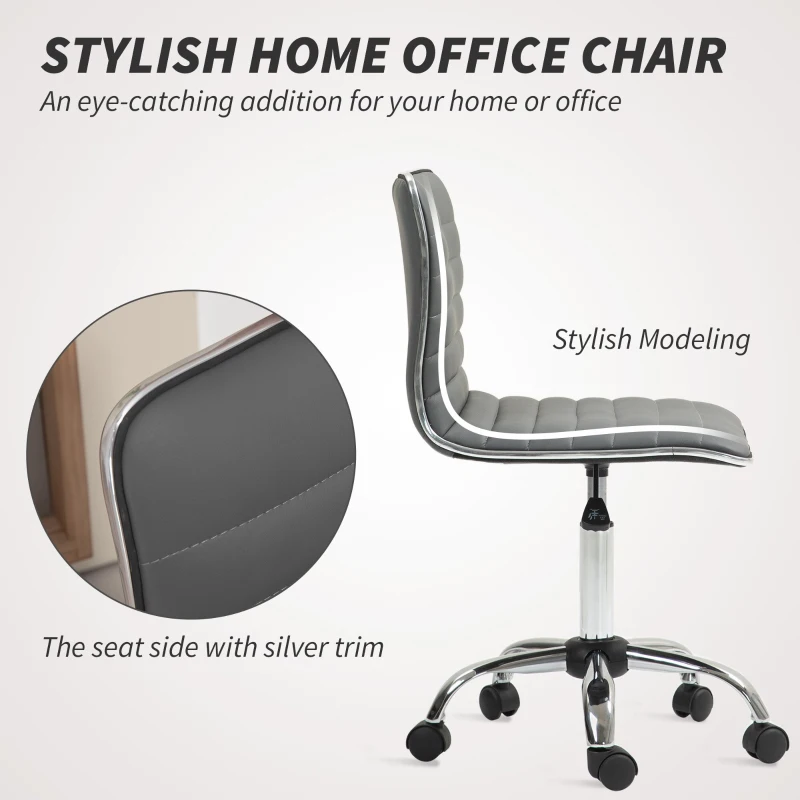 HOMCOM Armless Task Desk Chair, Swivel Office Chair with Faux Leather, Adjustable Seat Height, Chrome Base, Wheels for Home, Dark Grey