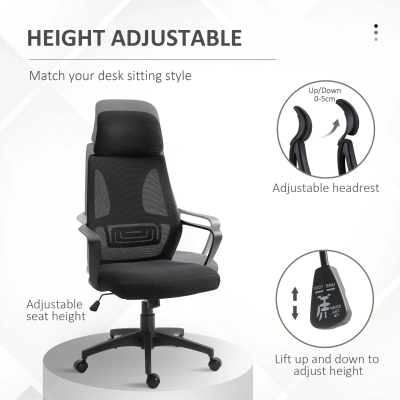 Vinsetto Ergonomic Office Chair, High Back Computer Chair, Mesh Desk Chair with Lumbar Support, Headrest, Wheel, Adjustable Height, Black