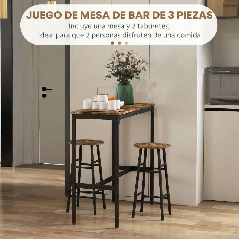 HOMCOM Conjunto Mesa Alta de Cocina con 2 Taburetes Marco de Acero Estilo Industrial Mesa Alta para Comedor Marrón Rústico