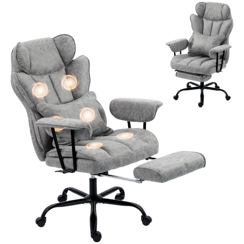 HOMCOM Silla de oficina con masaje de 6 puntos y calor, silla de escritorio con reposapiés, soporte lumbar y asiento amplio, Gris