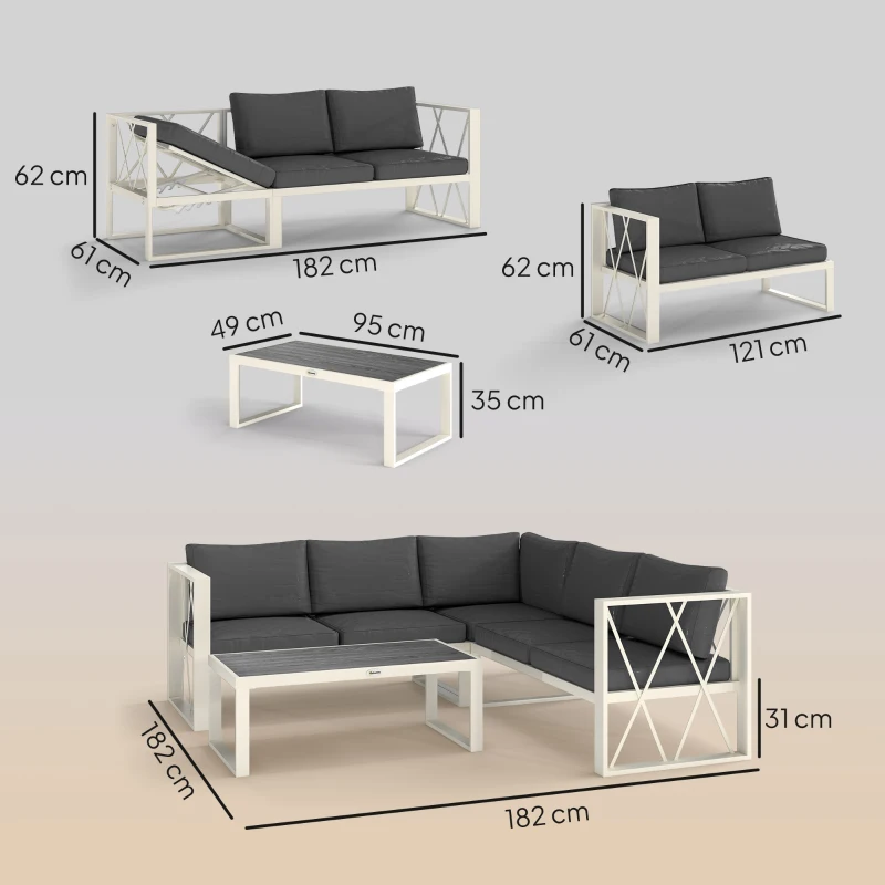 Outsunny Set Mobilier de Grădină cu Fotoliu Rabatabil, 2 Canapele cu Perne și Măsuță, Gri