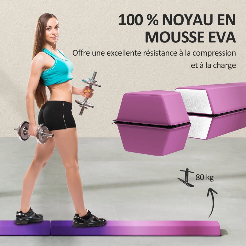 SPORTNOW Poutre de gymnastique pliable fond antidérapant, poignée de transport, 236 x 10/15 x 6,5 cm violet et rose