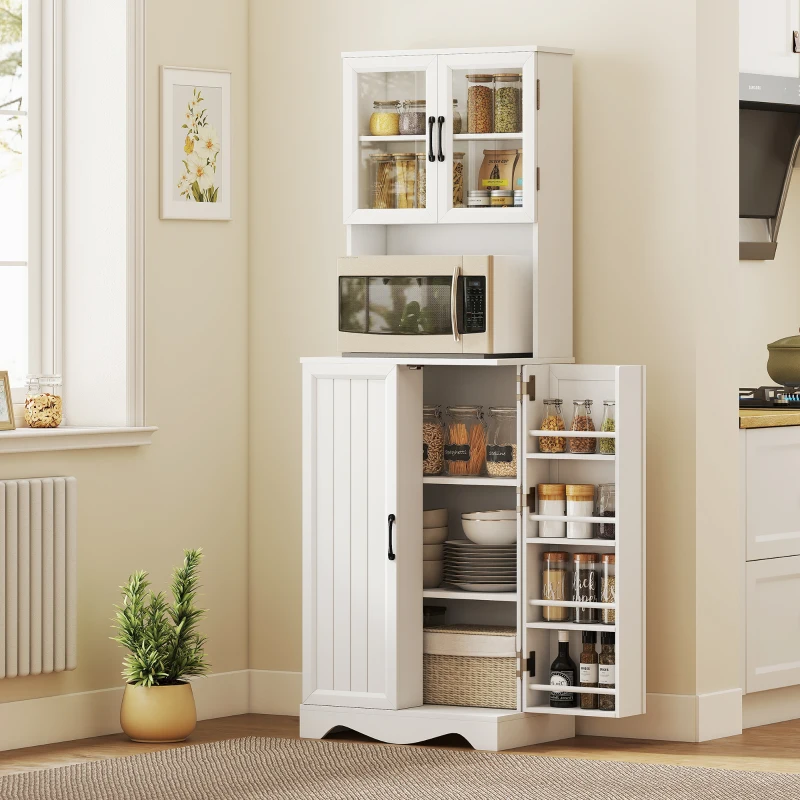 HOMCOM Buffet haut cuisine armoire de cuisine 4 portes 8 porte-épices plan de travail étagère réglable 60x39,5x179,6cm blanc(m-10)