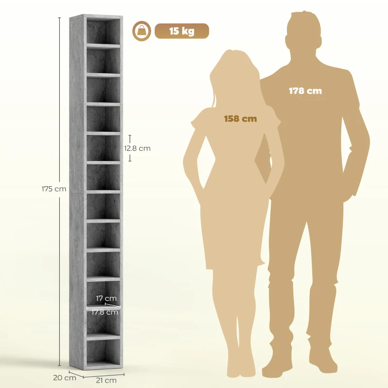 HOMCOM Raft Bibliotecă Pentru CD-uri cu 12 Polițe pentru 204 CD-uri, din MDF și PAL, 21 x 20 x 175 cm, Gri