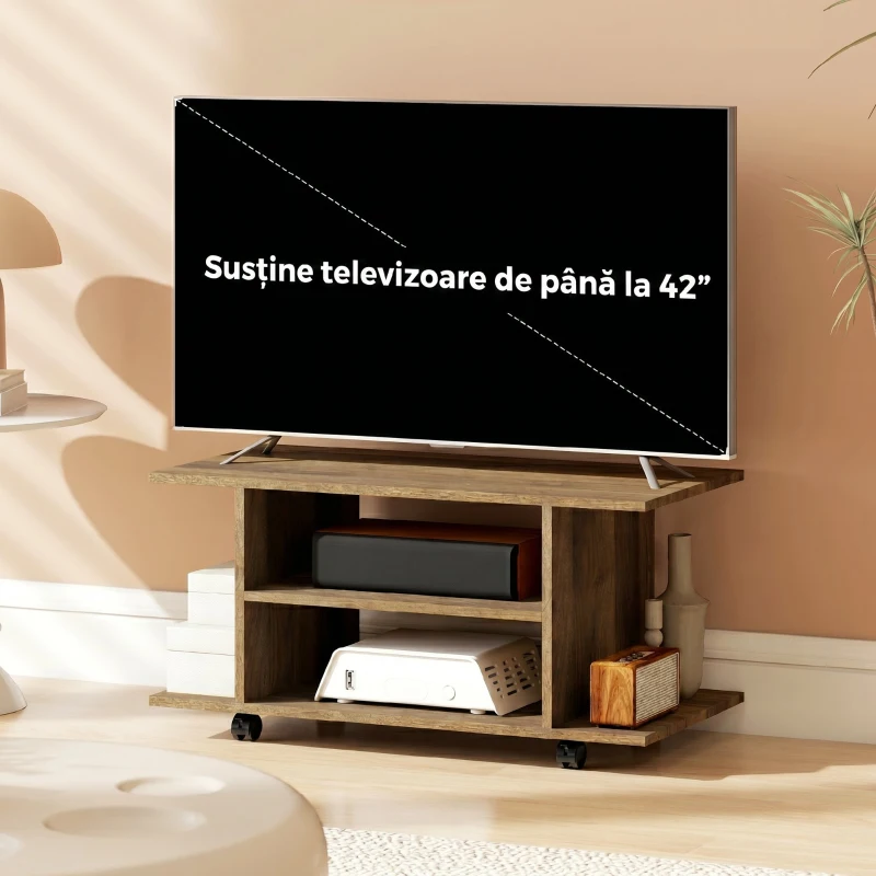 HOMCOM Suport TV Modern cu Rafturi, Roți Pivotante și Frâne, 80 x 40 x 40 cm, Nuc