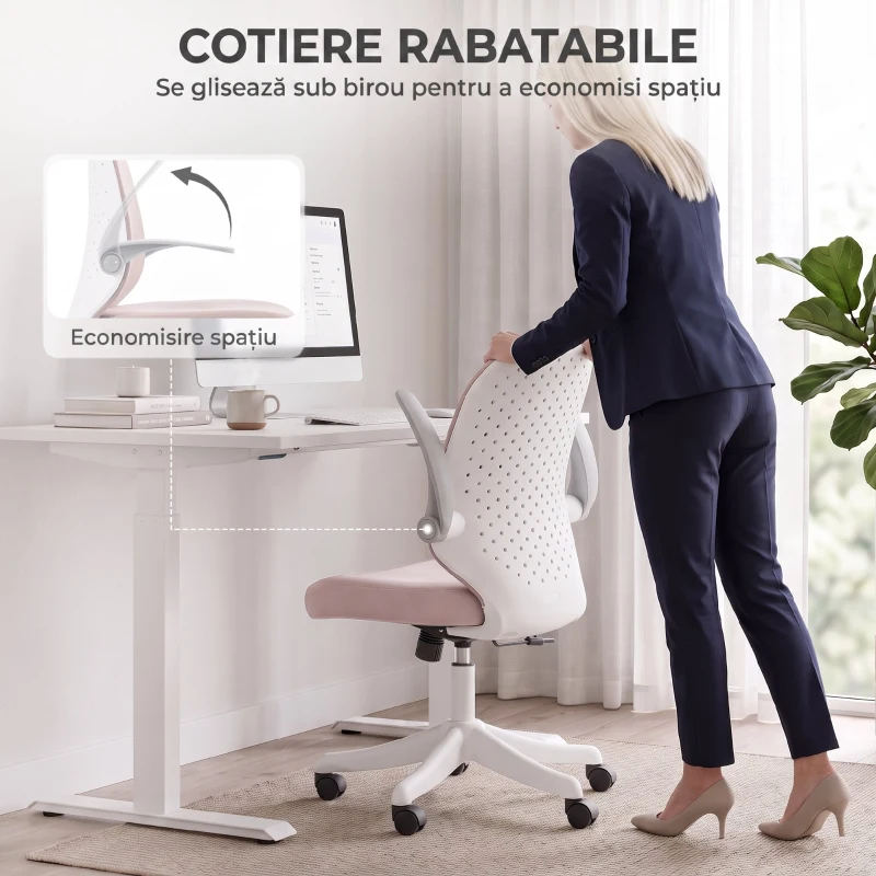 HOMCOM Scaun de Birou Ergonomic cu Brațe Rabatabile și Înălțime Reglabilă, Mesh Respirabil,  60,5x54x99 cm, Roz