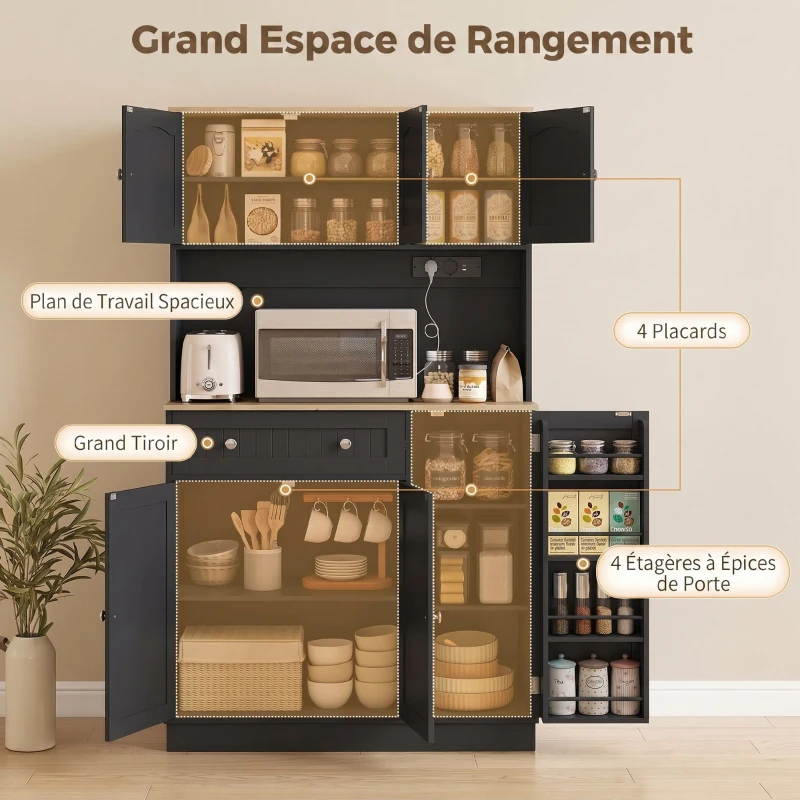 HOMCOM Buffet haut cuisine, armoire de cuisine, station de charge, 6 portes, plan de travail, porte-épices, 100x40x173cm, noir